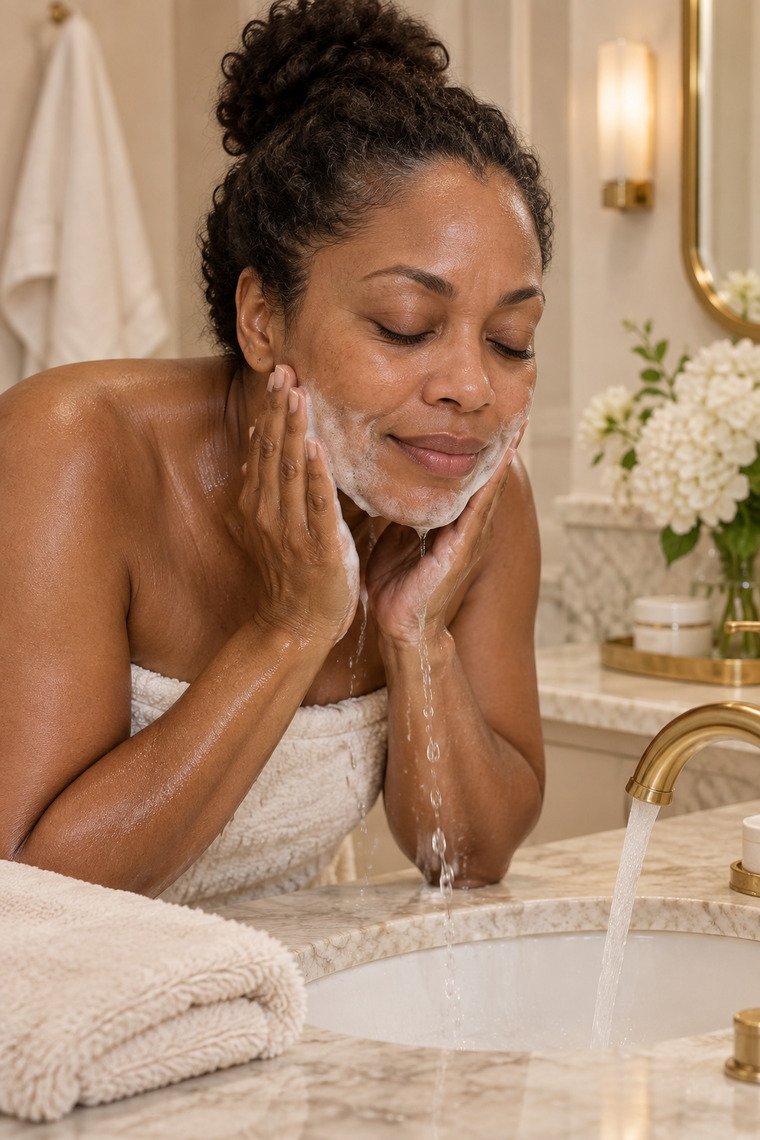 Woman with medium-deep brown skin rinsing a gentle second cleanser from her cheeks with lukewarm water.