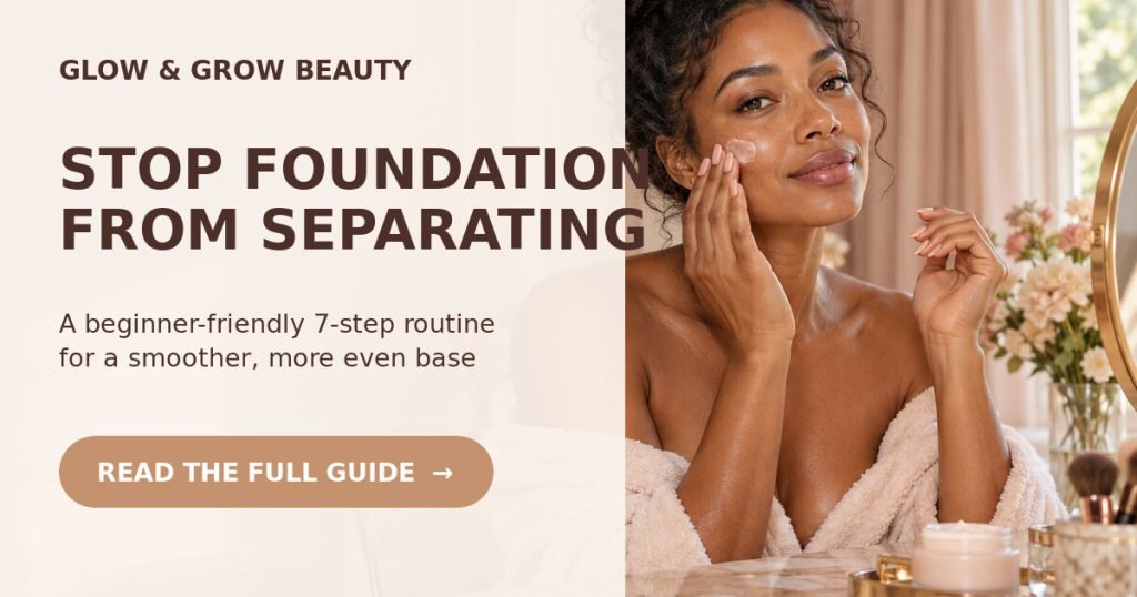 Facebook thumbnail reading Stop Foundation From Separating beside a radiant woman preparing her complexion