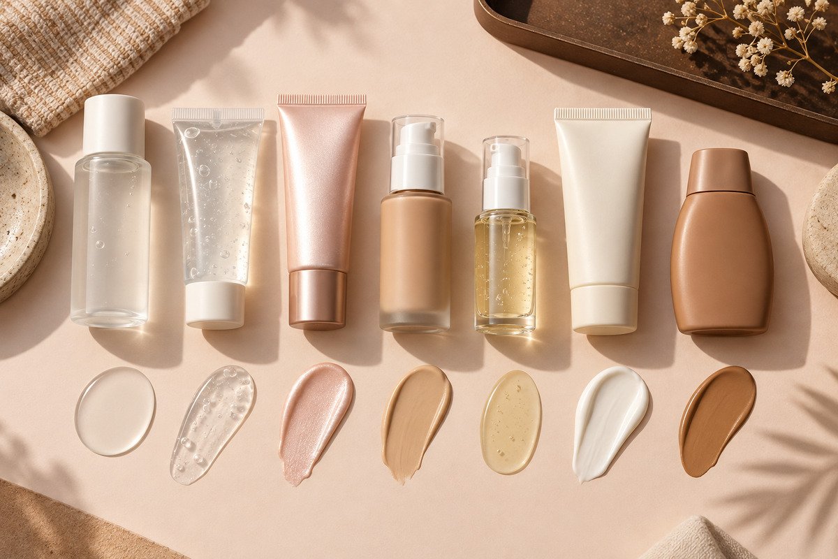 Overhead comparison of seven unbranded face-sunscreen containers with clear gel, fluid, lotion and tinted texture swatches.