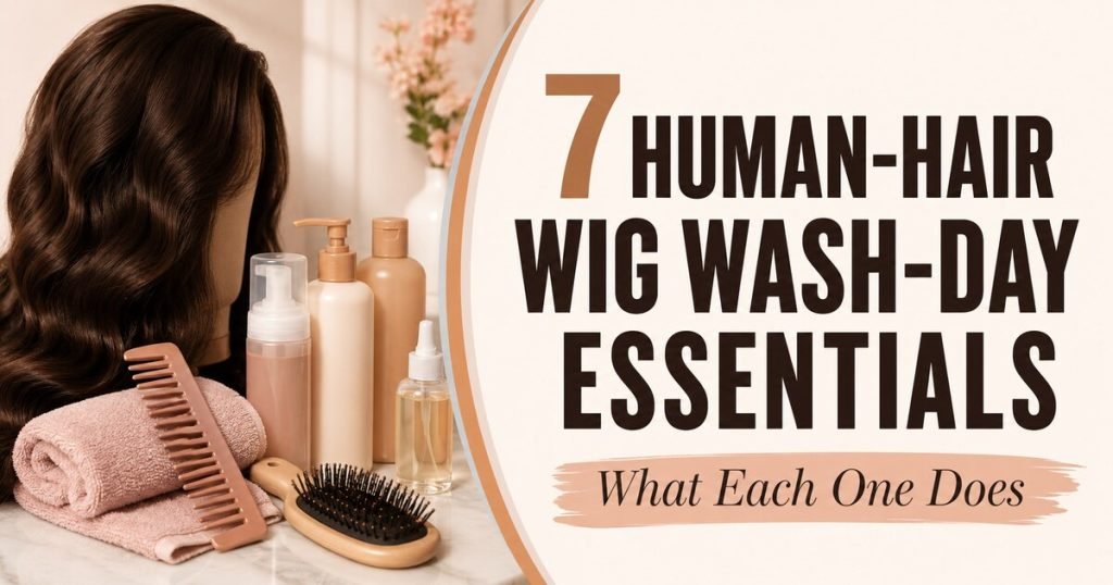 Glow & Grow featured graphic reading 7 Human-Hair Wig Wash-Day Essentials beside a dark-brown wig and care tools
