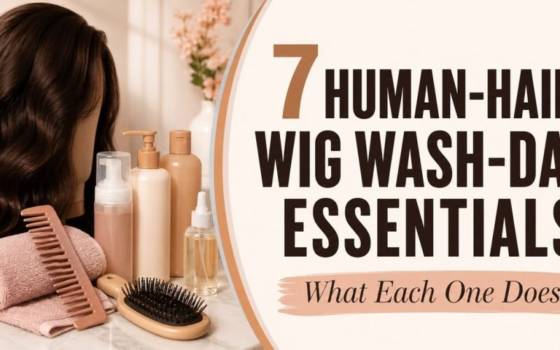 Glow & Grow featured graphic reading 7 Human-Hair Wig Wash-Day Essentials beside a dark-brown wig and care tools