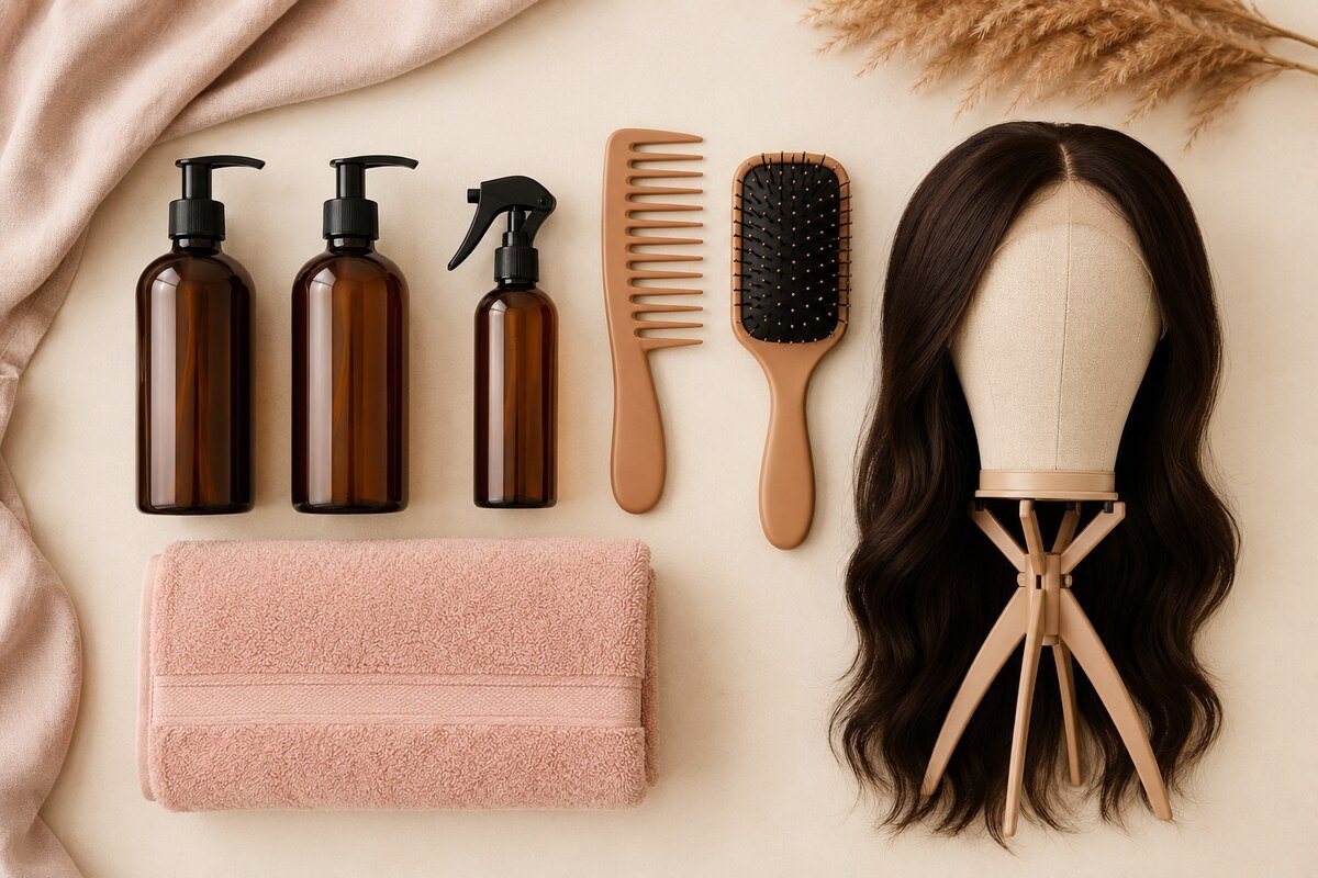 Flat lay of human-hair wig wash-day essentials with amber bottles, comb, brush, blush towel, stand and dark-brown wig