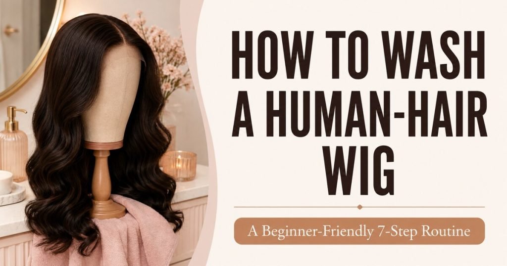 Glow & Grow featured graphic reading How to Wash a Human-Hair Wig beside a dark-brown lace-front wig