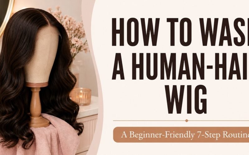 Glow & Grow featured graphic reading How to Wash a Human-Hair Wig beside a dark-brown lace-front wig
