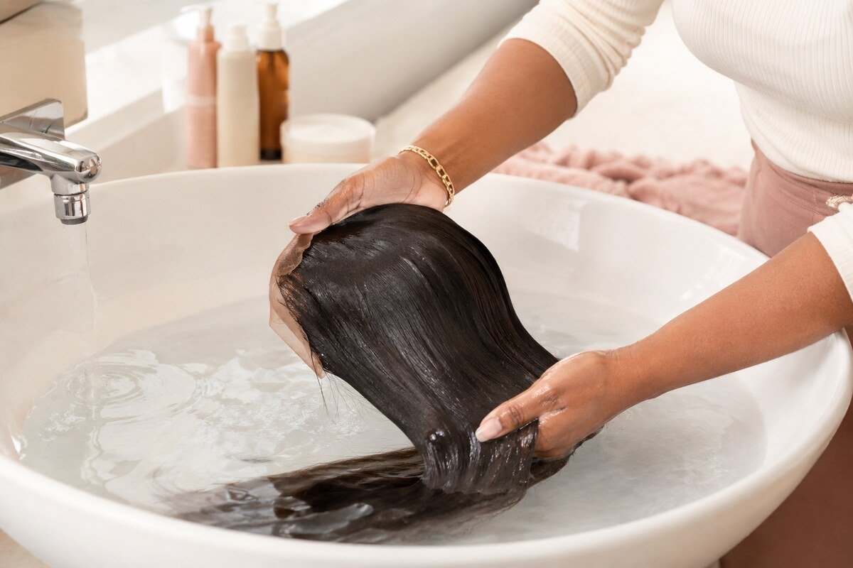 Brown hands gently washing a dark-brown human-hair lace-front wig in a cream basin