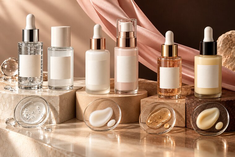 Six unbranded hydrating serum bottles displayed with clear texture swatches on cream and tan pedestals