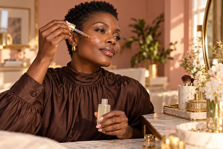 A radiant dark-brown-skinned woman applying a hydrating serum at a warm cream and blush vanity