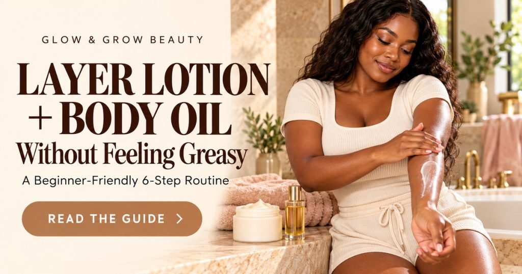 Facebook preview graphic for a six-step guide to layering body lotion and body oil without feeling greasy