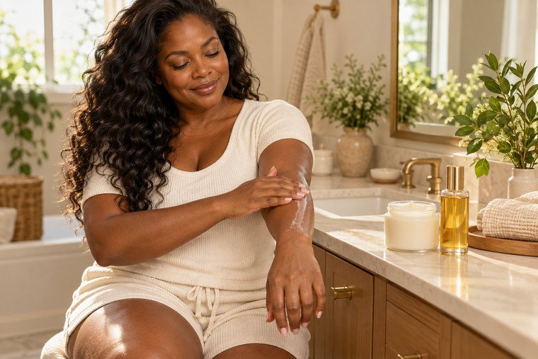Brown-skinned woman applying body lotion beside a glass body-oil bottle in a bright cream vanity setting