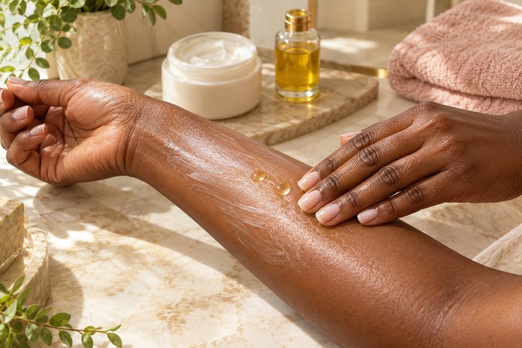 Close-up of dark-brown hands showing a small amount of lotion and two drops of body oil