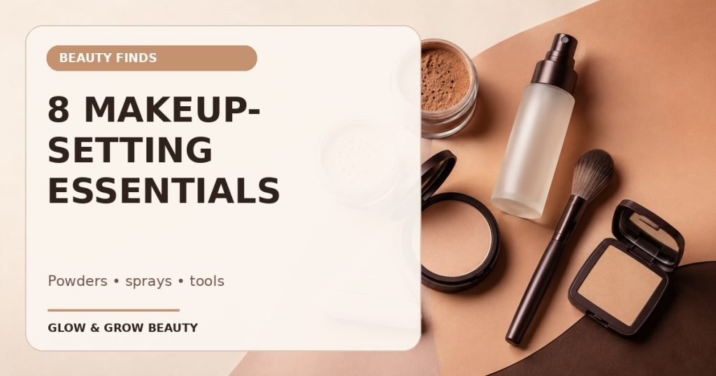 Facebook thumbnail reading 8 Makeup-Setting Essentials beside powders, setting spray, puff and brush
