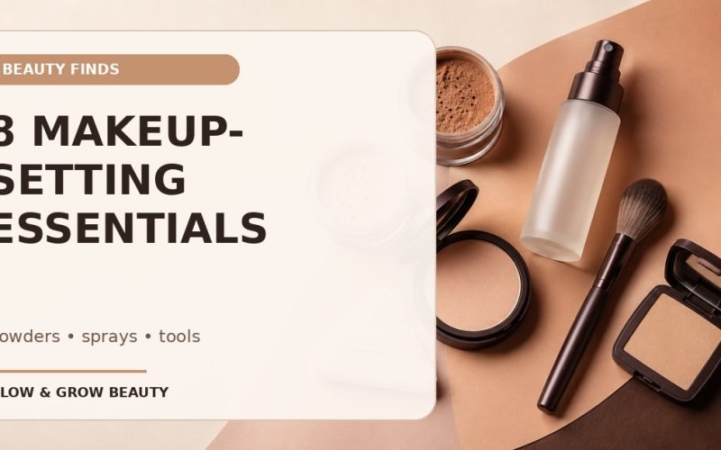 Facebook thumbnail reading 8 Makeup-Setting Essentials beside powders, setting spray, puff and brush