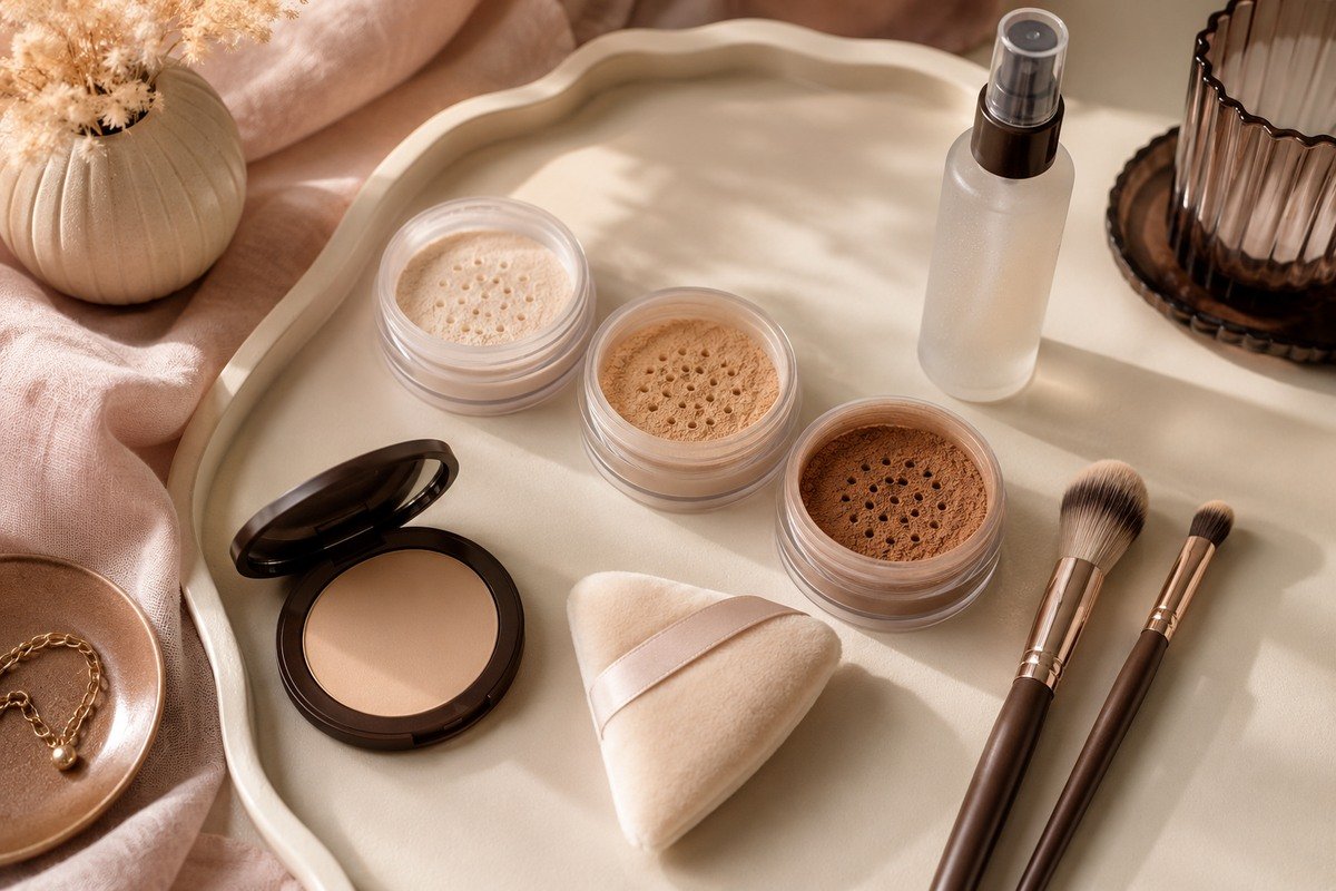 Cream vanity tray arranged with inclusive loose powders, pressed powder, setting mist, puff and tapered brushes