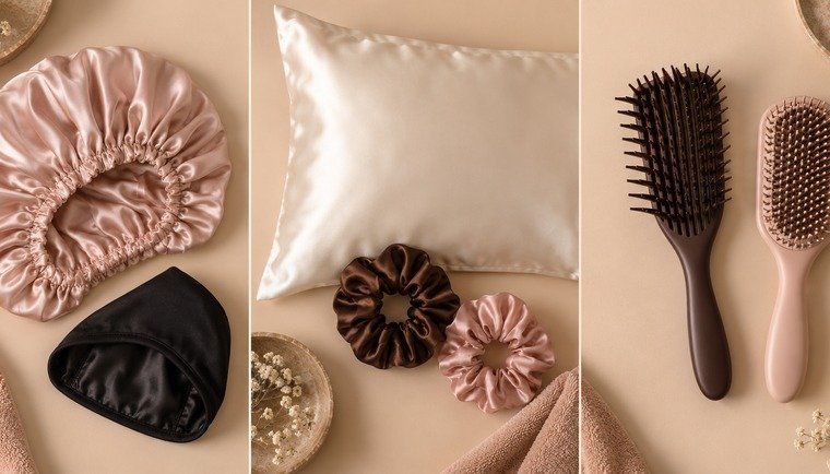 Three-part comparison of an overnight bonnet and cap, satin pillowcase and scrunchies, and two detangling brush shapes.