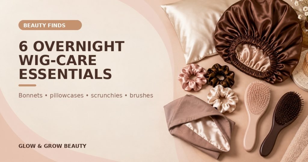 Facebook thumbnail for 6 Overnight Wig-Care Essentials, featuring a brown-skinned woman in a satin sleep cap beside a large shopping-guide headline.