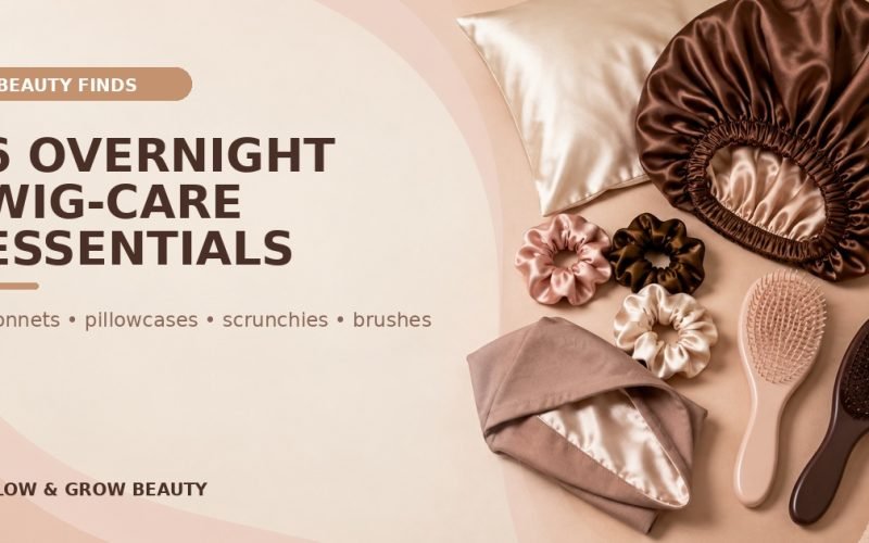 Facebook thumbnail for 6 Overnight Wig-Care Essentials, featuring a brown-skinned woman in a satin sleep cap beside a large shopping-guide headline.