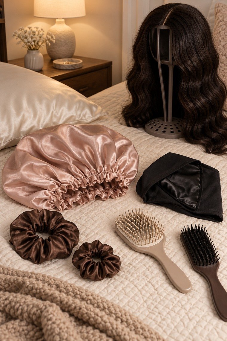 Unbranded overnight wig-care flat lay with a satin bonnet, satin-lined cap, pillowcase, scrunchies, detangling brushes and a wig on a stand.