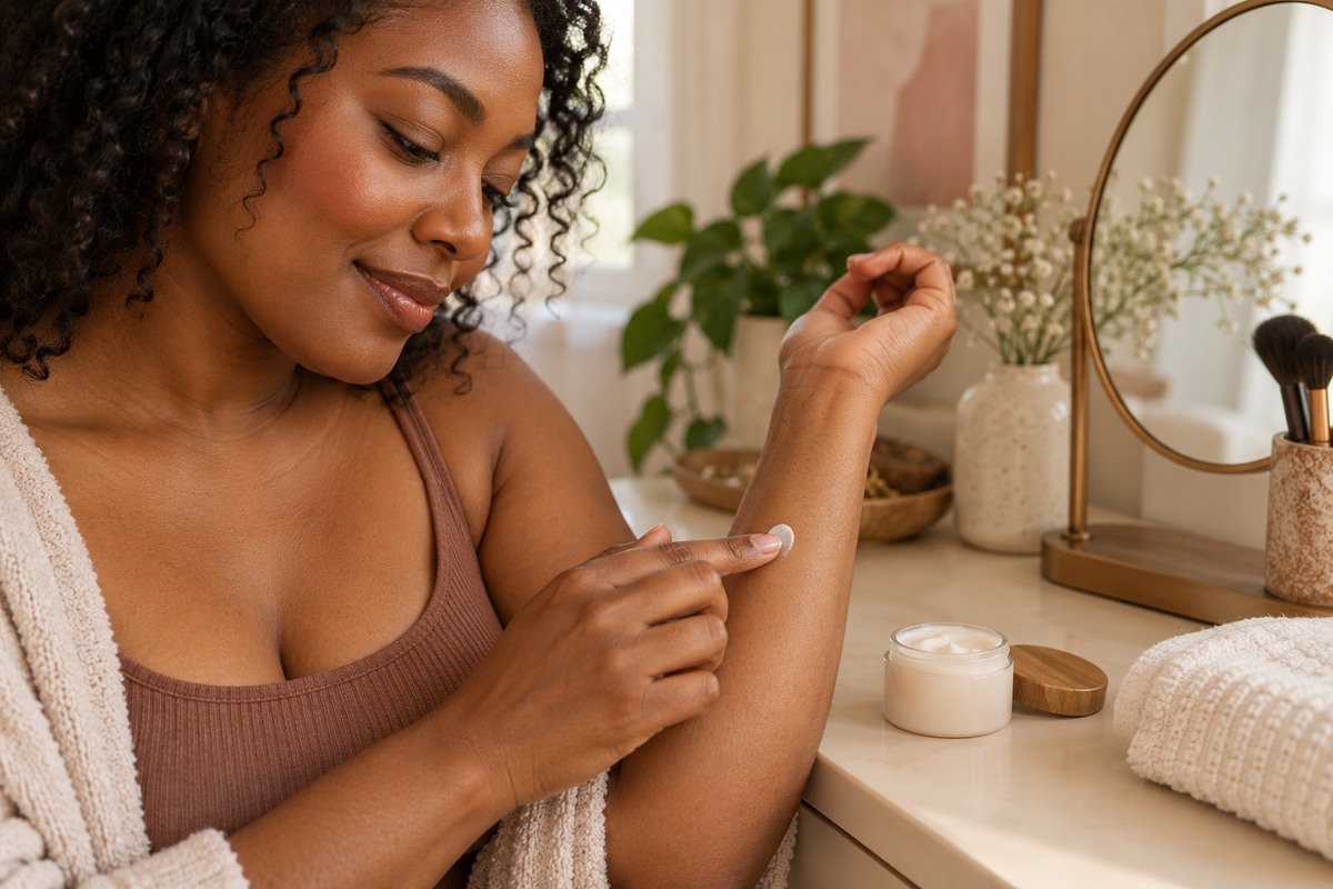 Woman applying a small amount of moisturizer to a test area on her inner forearm