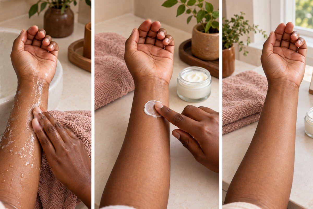 Three-step skincare patch-test sequence showing cleansing, applying product and observing the test area