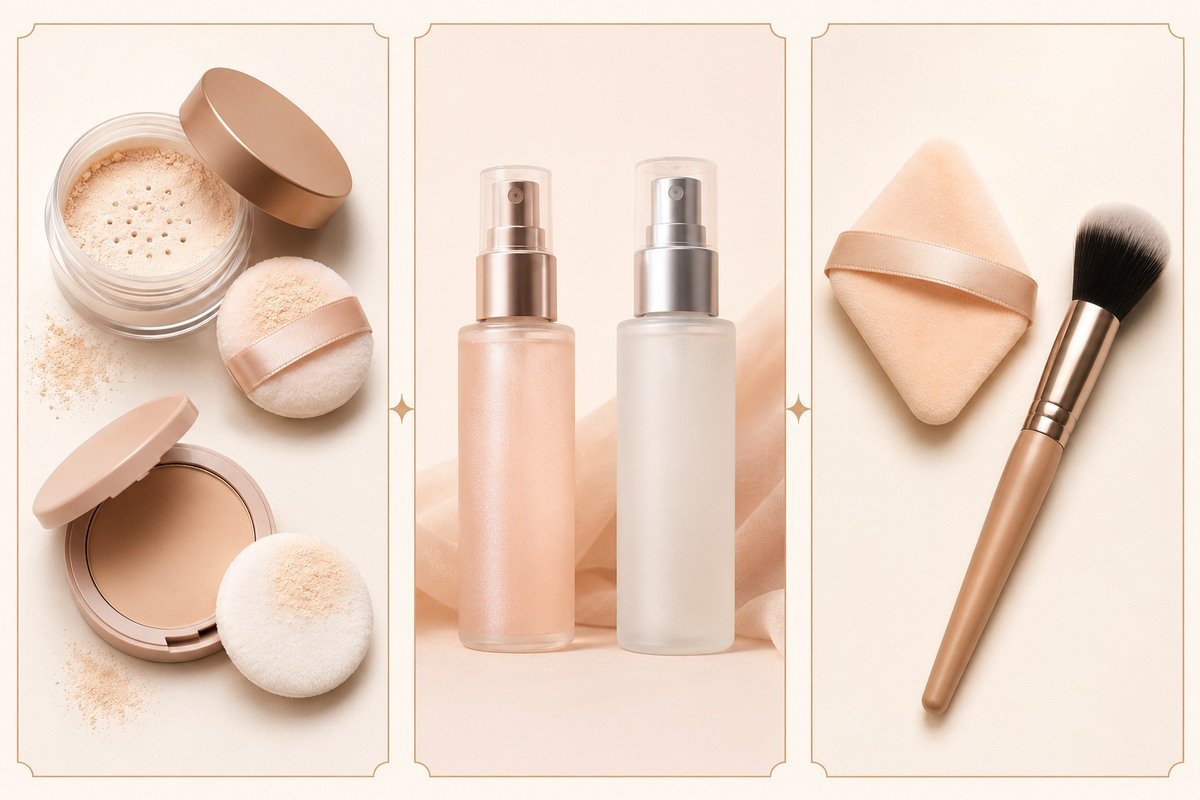 Three-column comparison of loose and pressed powders, fine setting sprays, and powder-setting tools