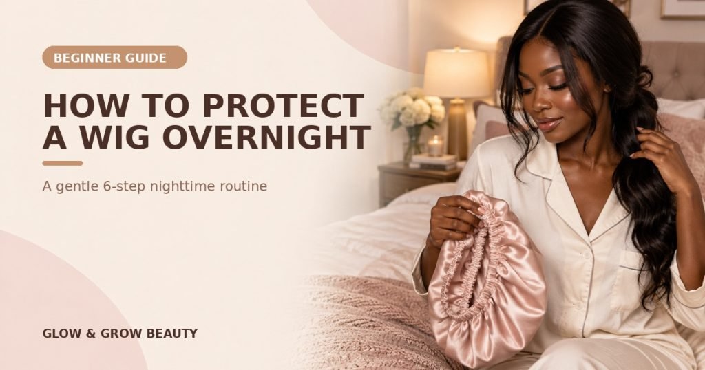 Facebook thumbnail for How to Protect a Wig Overnight, featuring a deep-brown-skinned woman in a satin bonnet with a large beginner-guide headline.