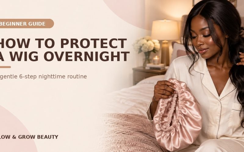 Facebook thumbnail for How to Protect a Wig Overnight, featuring a deep-brown-skinned woman in a satin bonnet with a large beginner-guide headline.