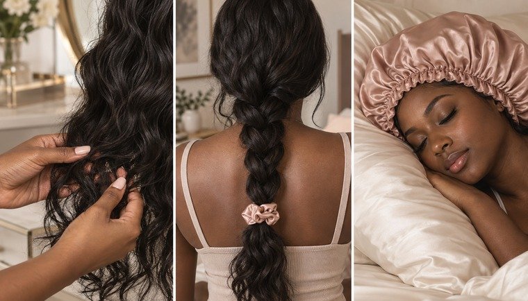 Three-panel nighttime wig-care sequence showing gentle end detangling, a loose braid with a satin scrunchie, and a woman resting in a roomy bonnet on a satin pillowcase.