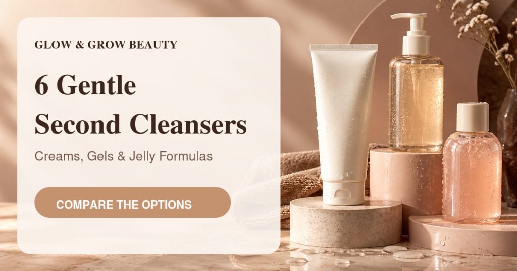 Glow & Grow Beauty thumbnail reading “6 Gentle Second Cleansers” beside unbranded cream, gel and jelly cleanser bottles.