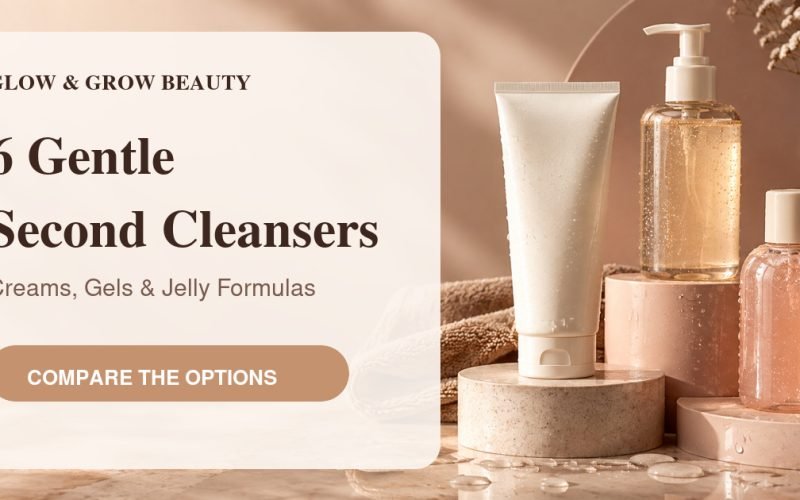Glow & Grow Beauty thumbnail reading “6 Gentle Second Cleansers” beside unbranded cream, gel and jelly cleanser bottles.