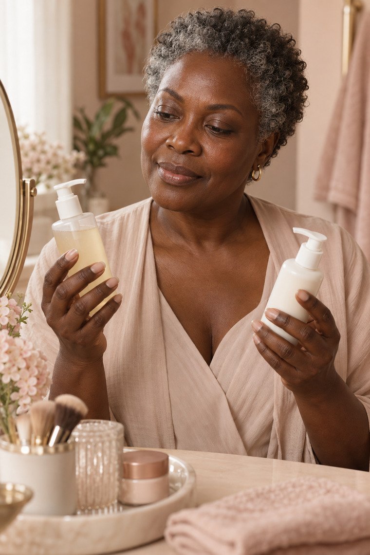 Radiant mature woman with very deep brown skin comparing two unbranded gentle cleanser bottles at a warm vanity.