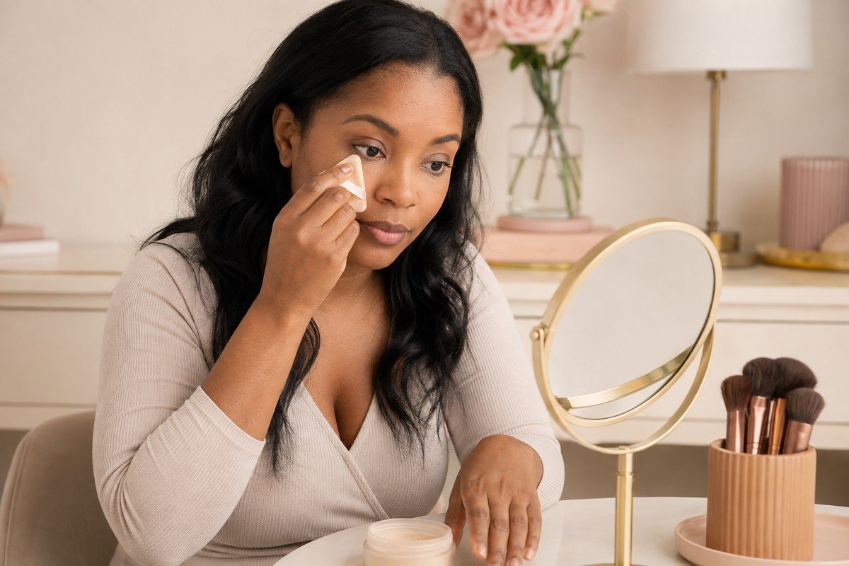 Woman gently pressing a small amount of setting powder beneath one eye at a warm cream vanity