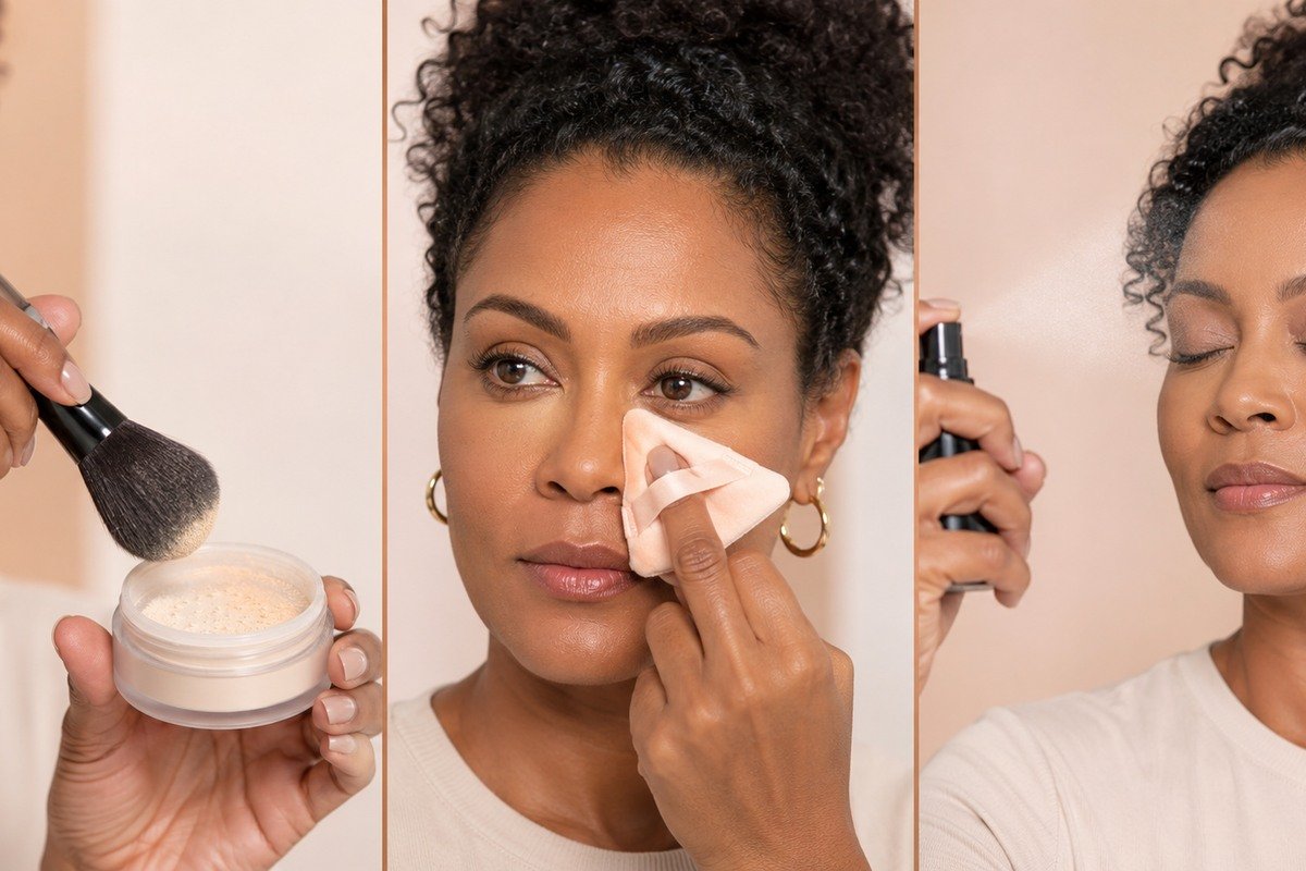 Three-stage makeup-setting sequence showing a lightly loaded brush, powder puff placement and a fine finishing mist