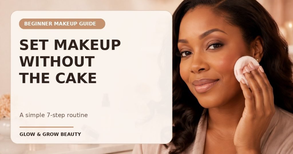 Facebook thumbnail reading Set Makeup Without the Cake beside a woman holding a powder puff