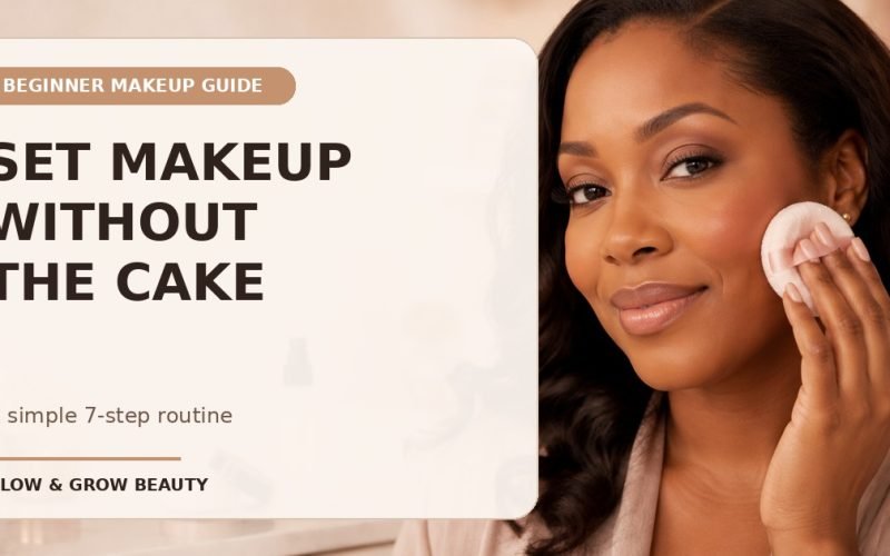 Facebook thumbnail reading Set Makeup Without the Cake beside a woman holding a powder puff