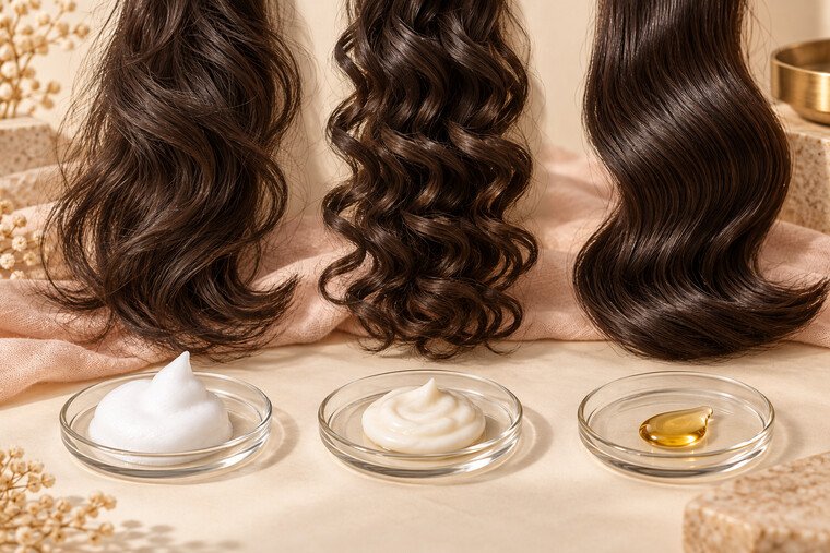 Three curl-refresh textures shown beside airy curls, defined ringlets and glossy wig ends: mousse, curl cream and finishing oil