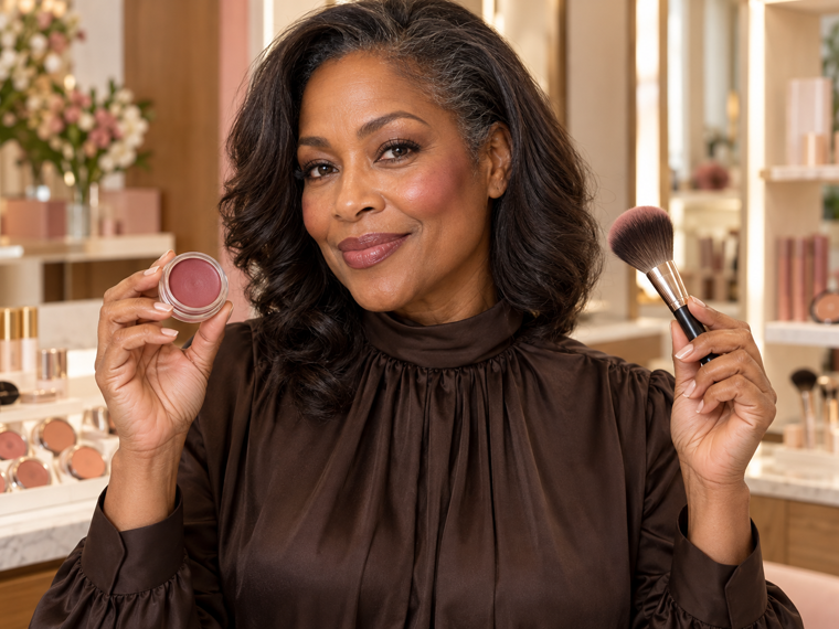 Close comparison of liquid, cream and powder blush textures on three different brown skin tones