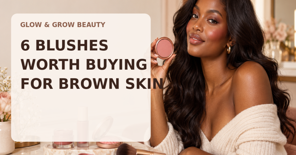 Glow & Grow Beauty thumbnail featuring a deep-brown-skinned woman holding an unbranded blush compact