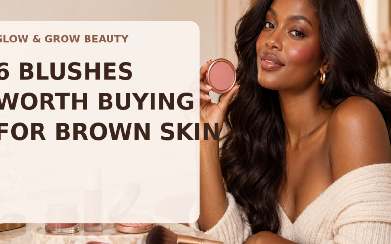 Glow & Grow Beauty thumbnail featuring a deep-brown-skinned woman holding an unbranded blush compact