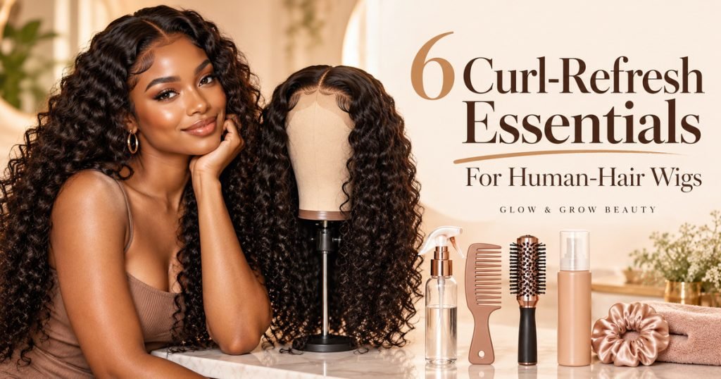 Glow & Grow Beauty thumbnail reading 6 Curl-Refresh Essentials for Human-Hair Wigs beside a woman, curly wig and styling tools