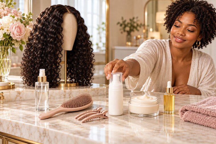 Six unbranded curl-refresh tools arranged beside a glossy curly human-hair wig while a woman reaches for a foam bottle