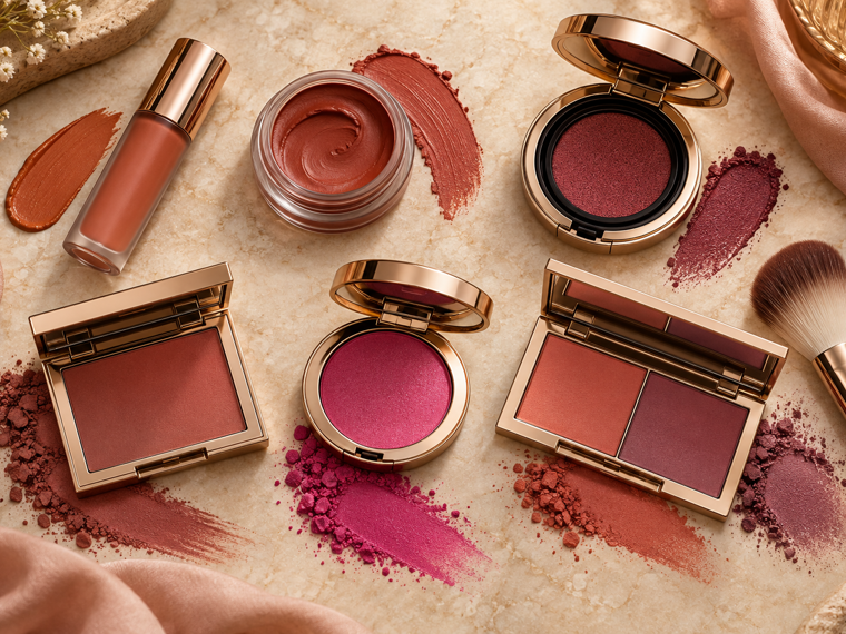 Six blush compacts and liquid blush tubes arranged on a warm cream vanity beside deep and medium-brown skin swatches