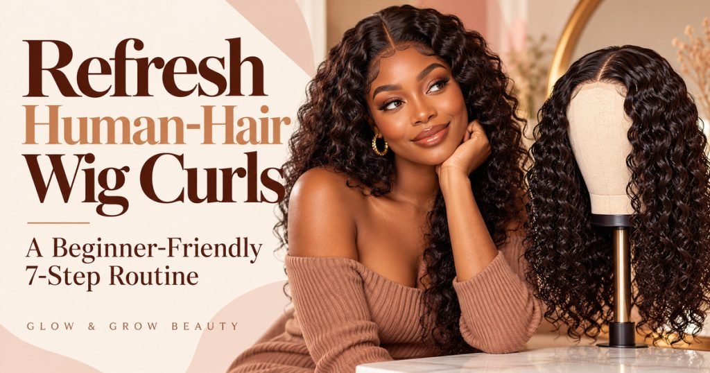 Glow & Grow Beauty thumbnail reading Refresh Human-Hair Wig Curls: A Beginner-Friendly 7-Step Routine beside a woman and curly wig