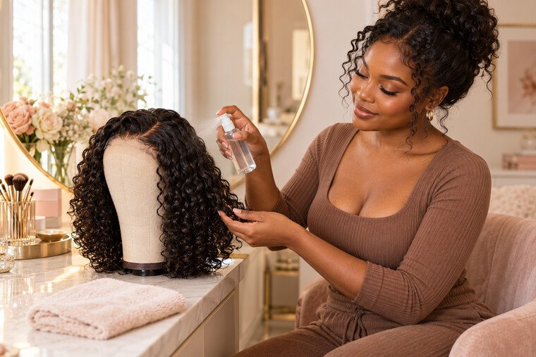 A woman refreshing a glossy curly human-hair wig with a fine-mist spray bottle at a warm cream and blush vanity