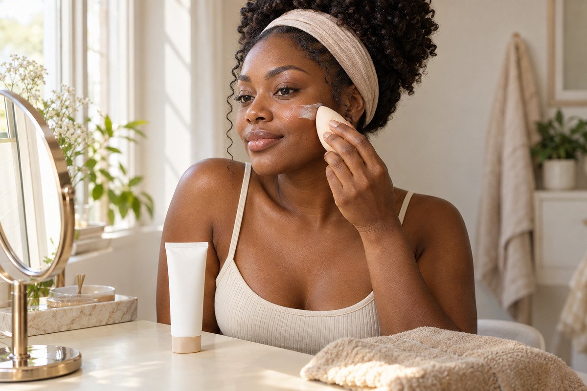 Black woman gently pressing sunscreen over finished makeup with a clean sponge at a warm cream-and-blush vanity.