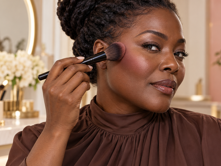 Very-dark-brown-skinned woman blending berry-brown blush upward along her outer cheek with a fluffy brush