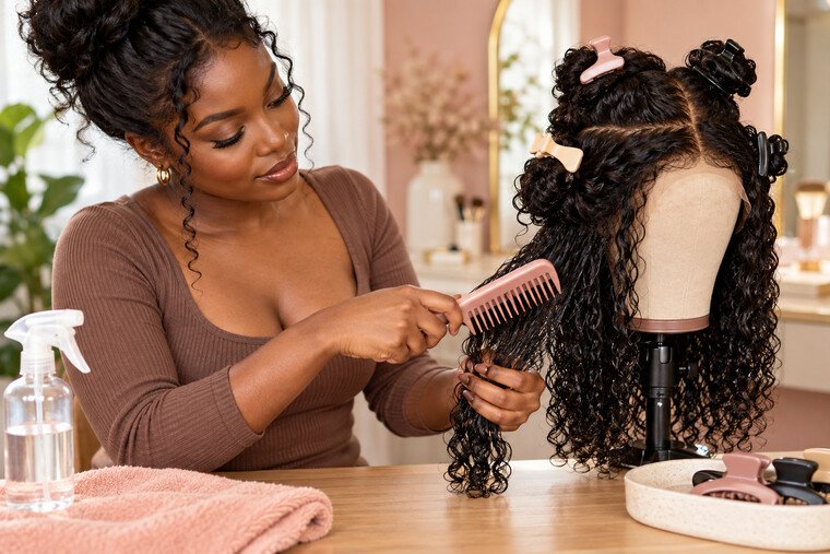 A woman detangling one damp section of a curly human-hair wig from the ends upward while the remaining hair is clipped into sections