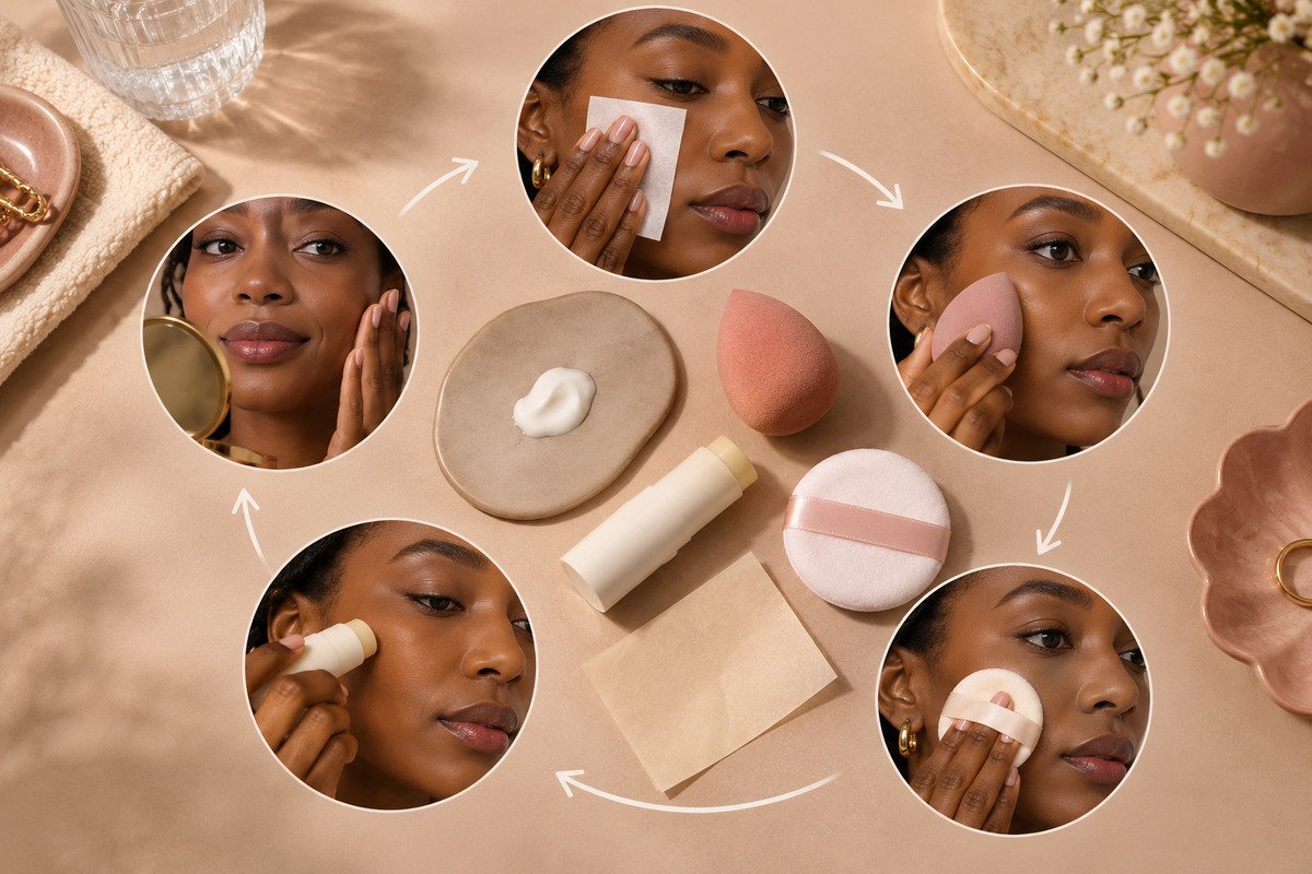 Five-panel visual showing blotting, pressing on sunscreen, using a puff, applying a clear stick, and checking the finished makeup.