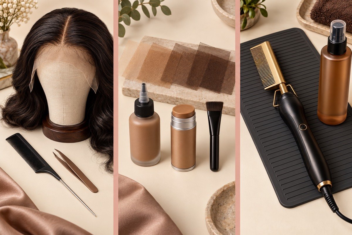 Wig tools grouped into parting, lace tinting and heat-styling categories