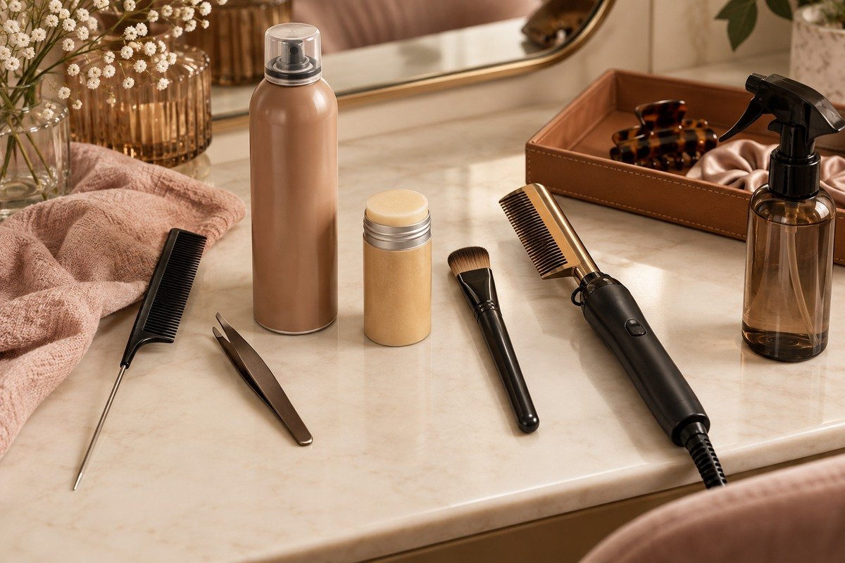 Flat lay of seven wig-parting and lace-detail tools on a warm cream vanity
