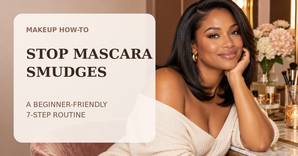 Glow & Grow Beauty graphic for a seven-step routine to stop mascara smudges